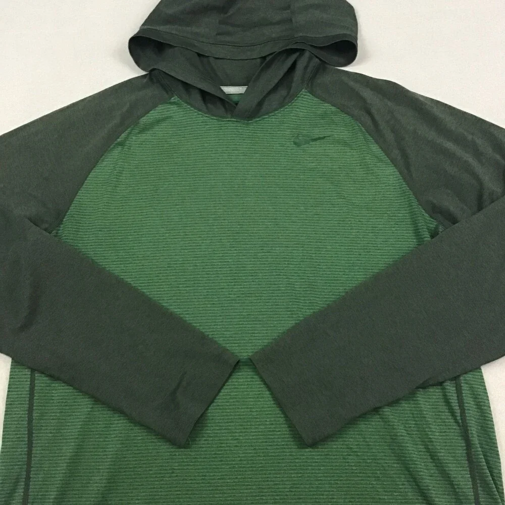 Nike Shirt Men Large Green Long Sleeve Pullover Dri-FIT Hood Pullover Tee L *